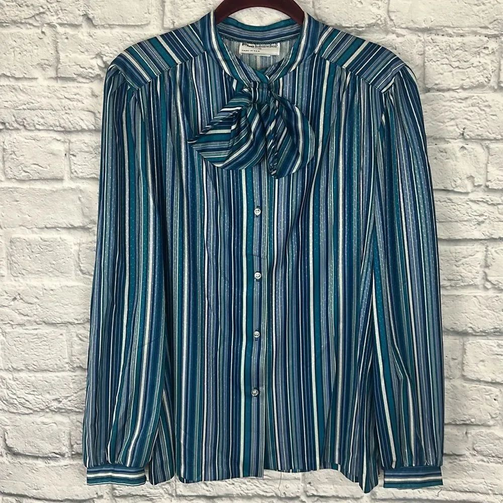 Vintage 70s Striped Bow Ribbon Collar Size 18 Blouse